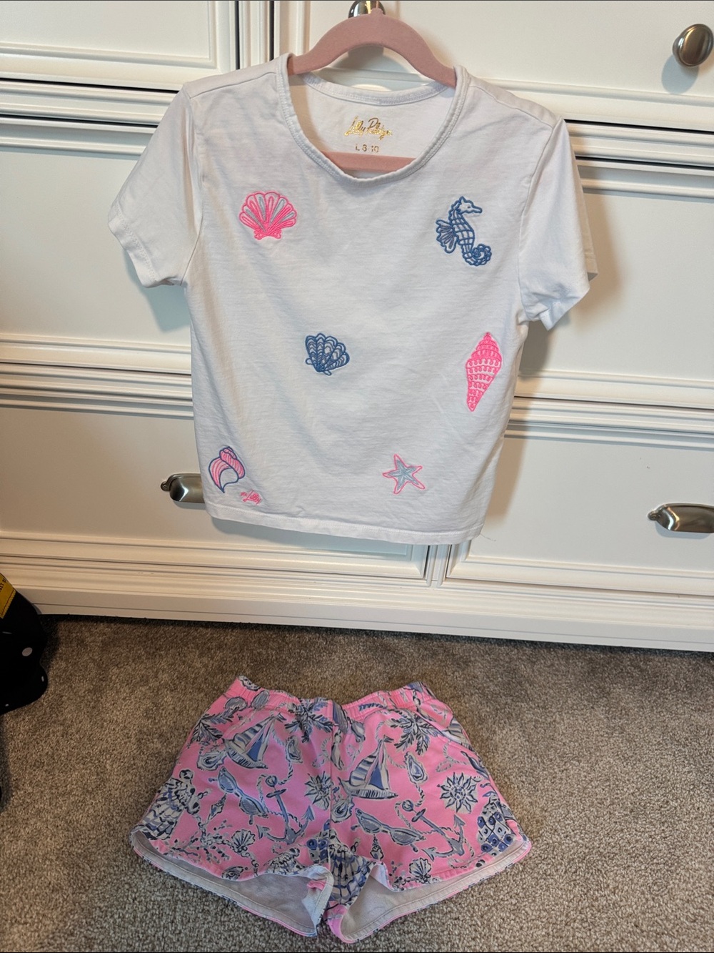 Lilly Pulitzer White Tee and Pink Nautical Print Shorts Set